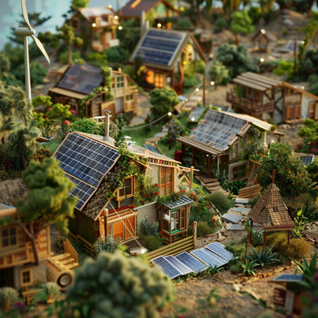 Miniature model of the village with solar panels, wind turbines and housesの素材