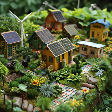 Miniature of a house with solar panels and wind turbines in the gardenの素材