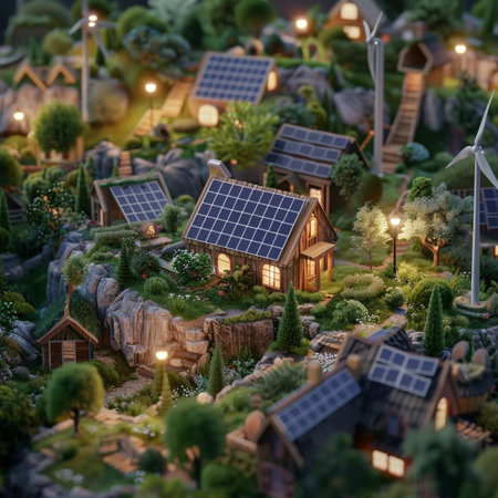 Miniature village with solar panels and wind turbines. 3d illustrationの素材