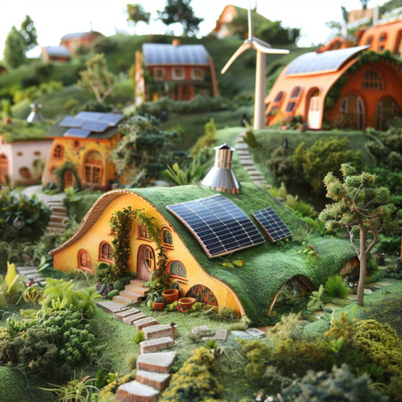 Miniature model of a house with solar panels on the roof. Miniature model of a village.の素材