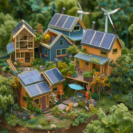 Miniature village with solar panels and wind turbines. 3D illustrations.の素材