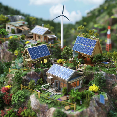 3d render of a miniature village with wind turbines and solar panelsの素材