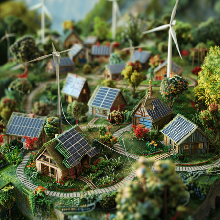 Miniature village with wind turbines and solar panels. 3d renderの素材