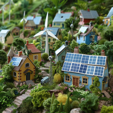 Miniature model of houses with solar panels and wind turbines on the roofの素材