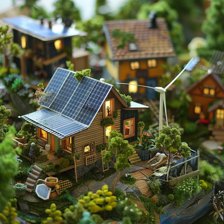 Miniature model of a house with solar panels and wind turbines.の素材