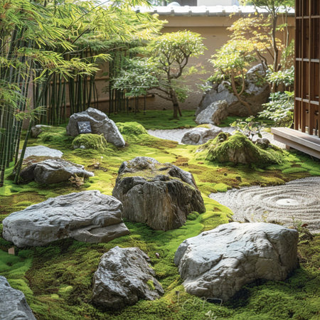 Japanese garden with stone and green moss - vintage effect style pictures.の素材