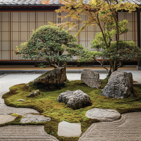 Japanese garden with stone and plant in the middle of the building.の素材
