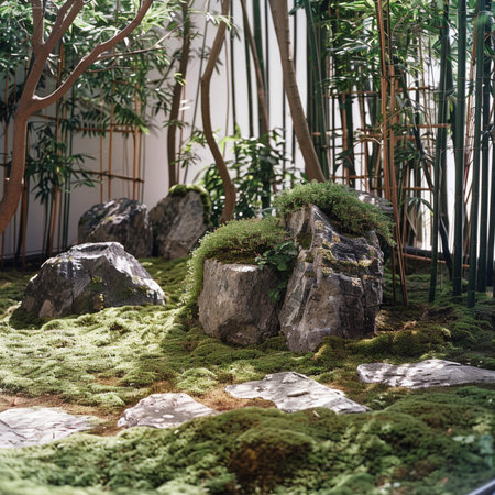 Japanese garden with stone and green moss. Bamboo forest background.の素材