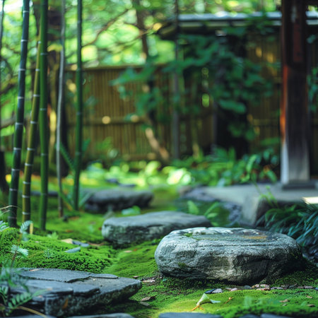 Stone pathway in the garden with green moss and bamboo tree background.の素材