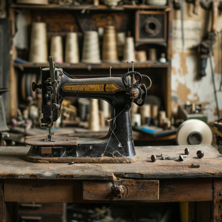 Sewing machine on the table in the workshop of the tailorの素材