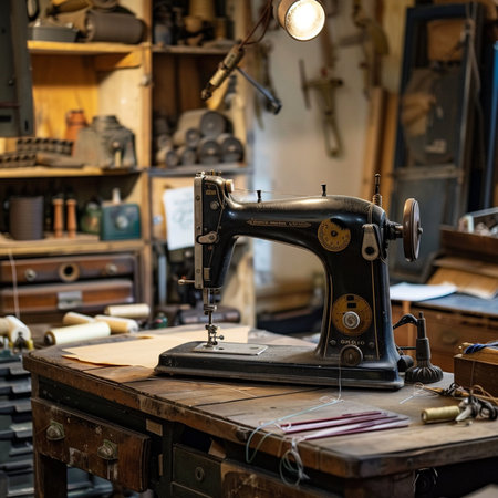 Sewing machine on the table in the workshop of a tailorの素材