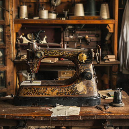 Vintage sewing machine on a wooden table in a tailor's workshopの素材
