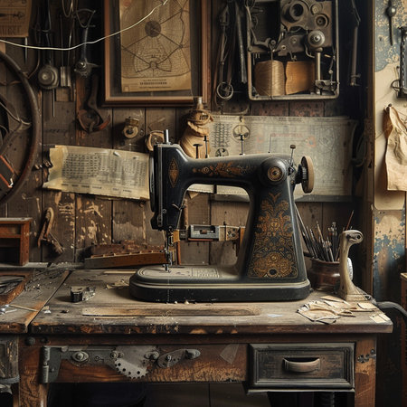 Vintage sewing machine in the old workshop. Toned image.の素材