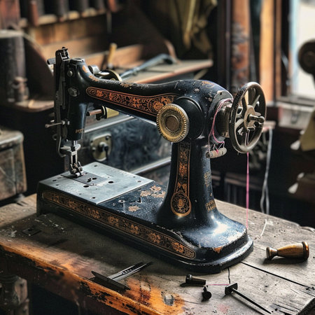 Old sewing machine on a wooden table in a workshop. Vintage styles.の素材