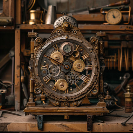 Vintage clock mechanism in a workshop. Vintage clockwork background.の素材