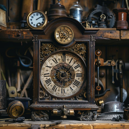 antique clock on the shelf in a flea market, close upの素材