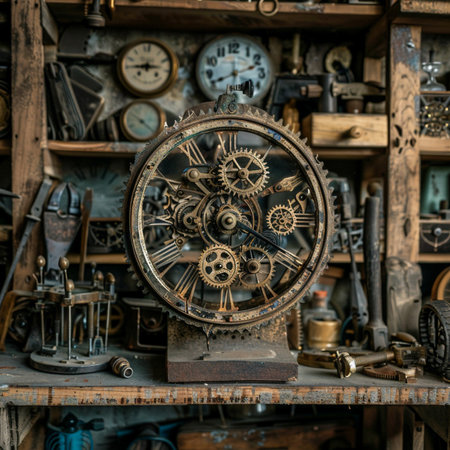 Vintage clock in the old workshop. Vintage clock on the shelf.の素材