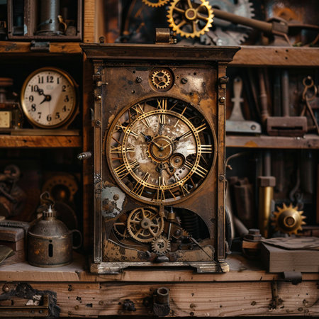 Old clock in a workshop. Vintage clock on the background of tools.の素材