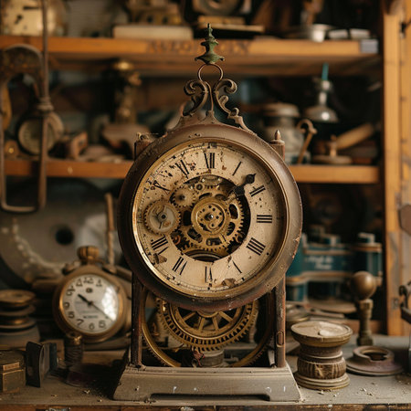 Vintage clock on the background of old bookshelves in a flea marketの素材