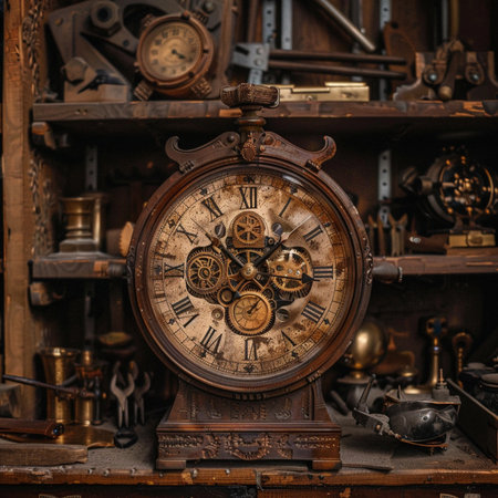 Antique clock on the background of the old tools in the workshopの素材