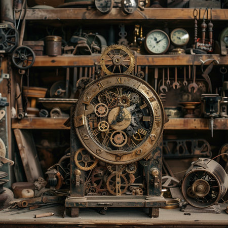 Vintage clock and tools in the workshop of a craftsman.の素材
