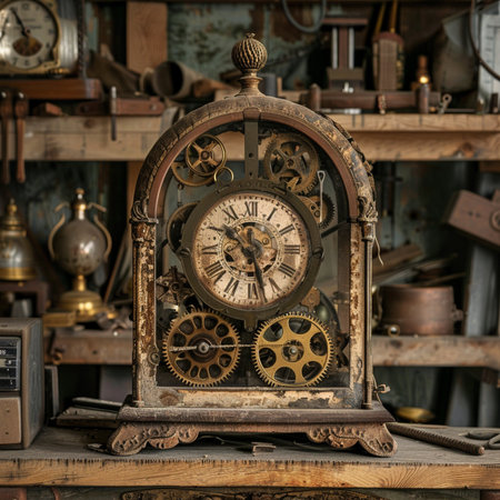 Vintage clock on the background of an old shelf in a workshopの素材