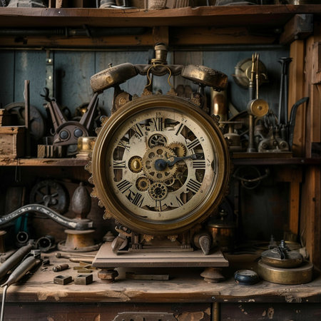 Old clock on a shelf in an old workshop. Vintage styles.の素材