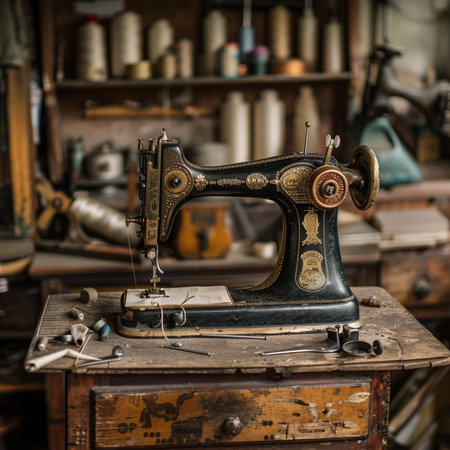 Retro sewing machine in a workshop. Vintage sewing machine in a workshop.の素材