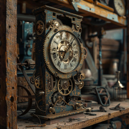 Vintage mechanical clock in the workshop, close-up view.の素材