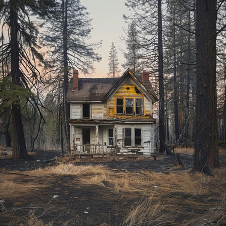 abandoned house in the woods at sunset, 3d renderingの素材