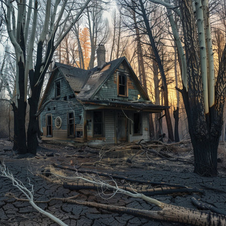 Abandoned house in the middle of the forest at sunset.の素材