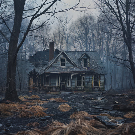 Old abandoned house in a dark forest in the fog, tonedの素材
