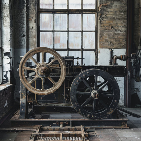 Vintage steam engine in abandoned factory. Industrial background with copy spaceの素材