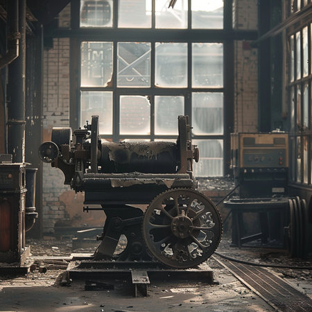 Vintage steam engine in an old factory. Toned image.の素材