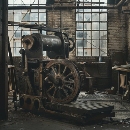 Abandoned factory interior with old machine. Industrial vintage background.の素材
