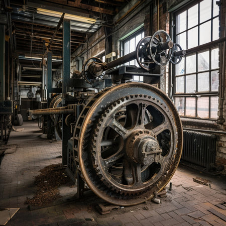 Abandoned factory workshop with old machine gear mechanism. Industrial backgroundの素材