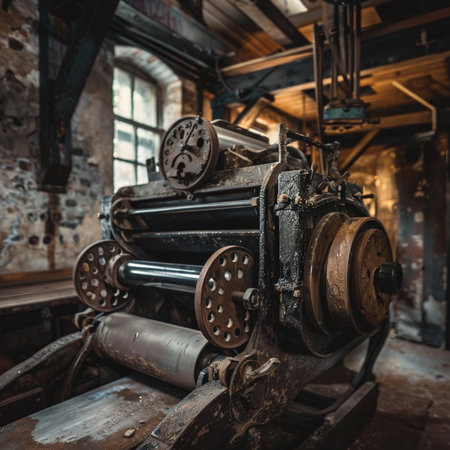 Old machine in an abandoned factory. Industrial background, toned imageの素材