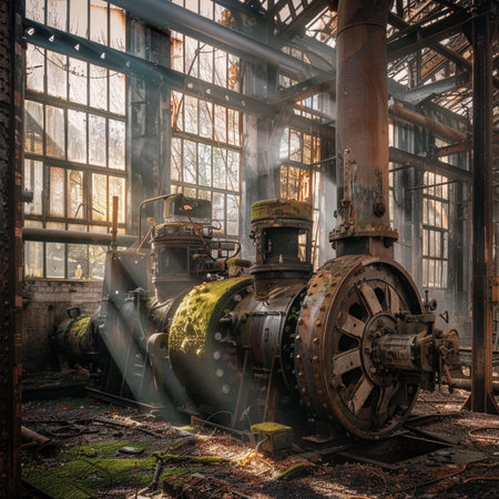 Old steam engine in the abandoned factory. Photo in old color image style.の素材