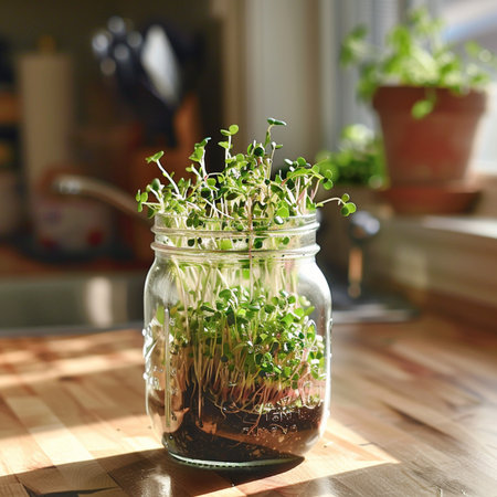 Microgreen sprouts in a glass jar on the kitchen table.の素材