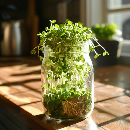 Sprouts of microgreen in a glass jar on the windowsillの素材
