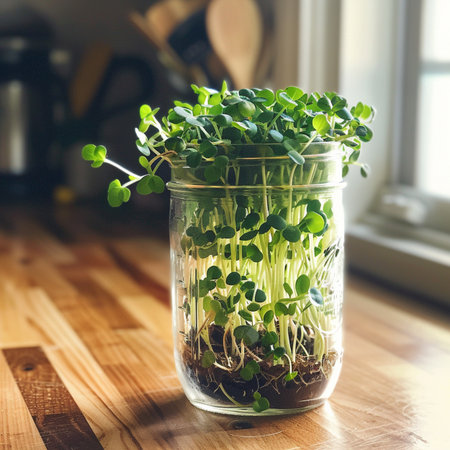 Microgreen sprouts in a glass jar on a wooden table in the kitchenの素材