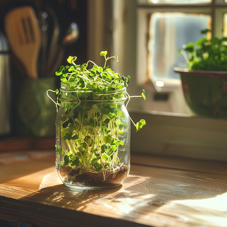 Fresh microgreen sprouts in a glass jar on the windowsillの素材