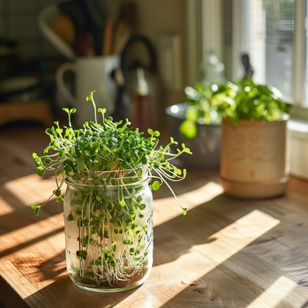 Microgreen sprouts in a glass jar on a wooden table in the kitchenの素材