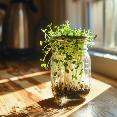 Sprouts of cress in a glass jar on a wooden tableの素材