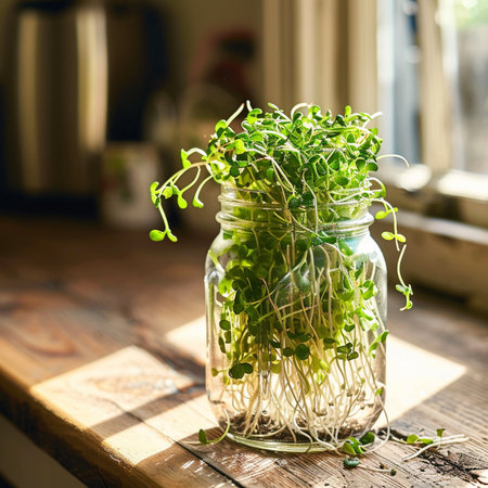 Microgreen sprouts in a glass jar on the windowsill.の素材