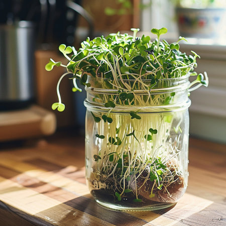Microgreen sprouts in a glass jar on the kitchen table.の素材