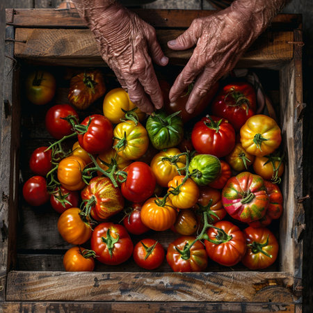 Old woman's hands holding fresh red and yellow tomatoes in a wooden boxの素材