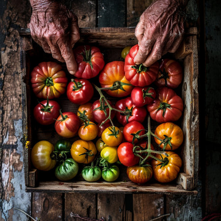 Old woman's hands holding fresh tomatoes in a rustic wooden boxの素材
