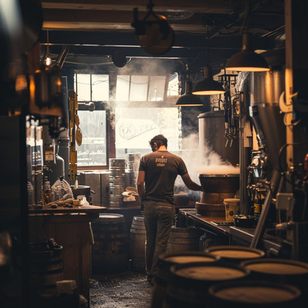 Young man working in craft brewery. He is standing in front of the beer factory.の素材