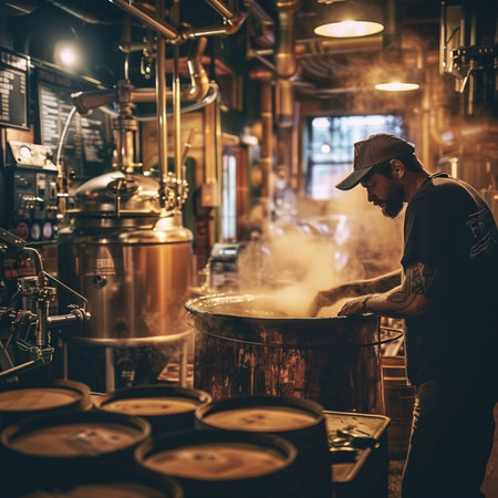 Craft beer brewing process. A bearded man in a cap is making beer in a brewery.の素材